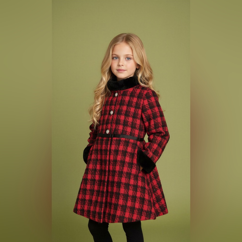 Blueberi Boulevard Girls Red & Black Plaid Dress Coat Size 8 Faux Fur Trim